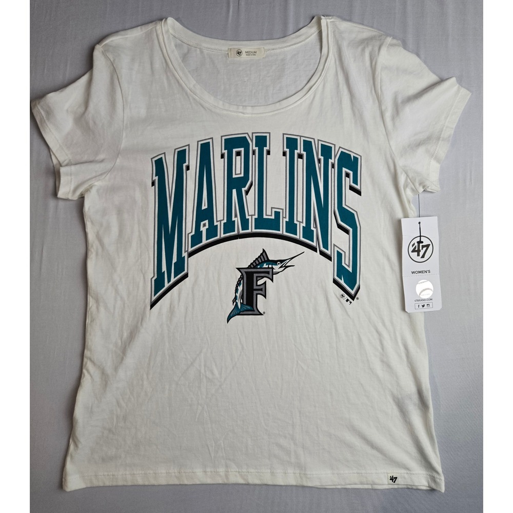 47 Brand Florida Marlins Womens White Graphic T-Shirt Scoop Neck Medium NWT
